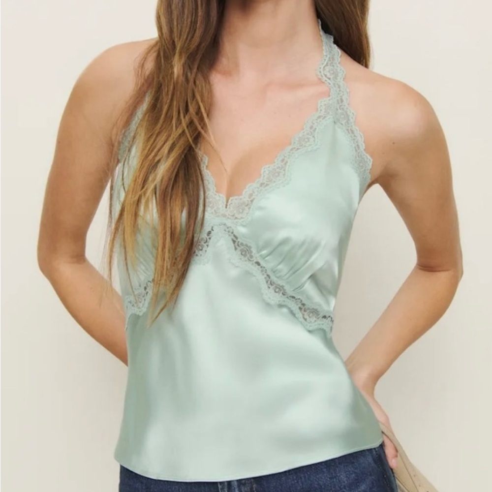 Reformation Monica Silk Lace Trim Halter Top